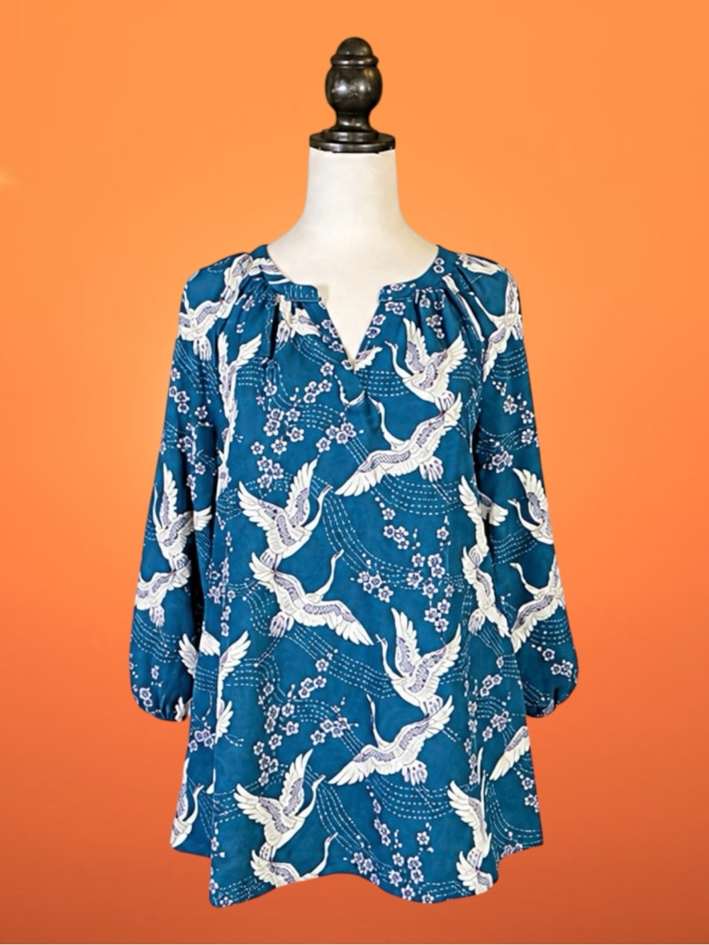 ModCloth Blouse Top Blue White Crane Floral Blossom Retro Casual Statement M